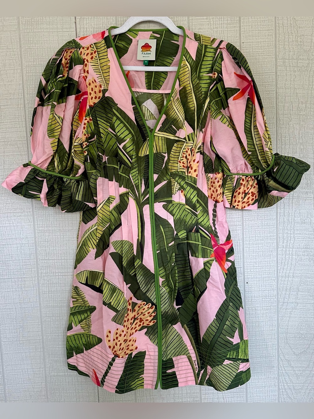 FARM Rio Pink Banana Leaves V-Neck Mini Dress Size M